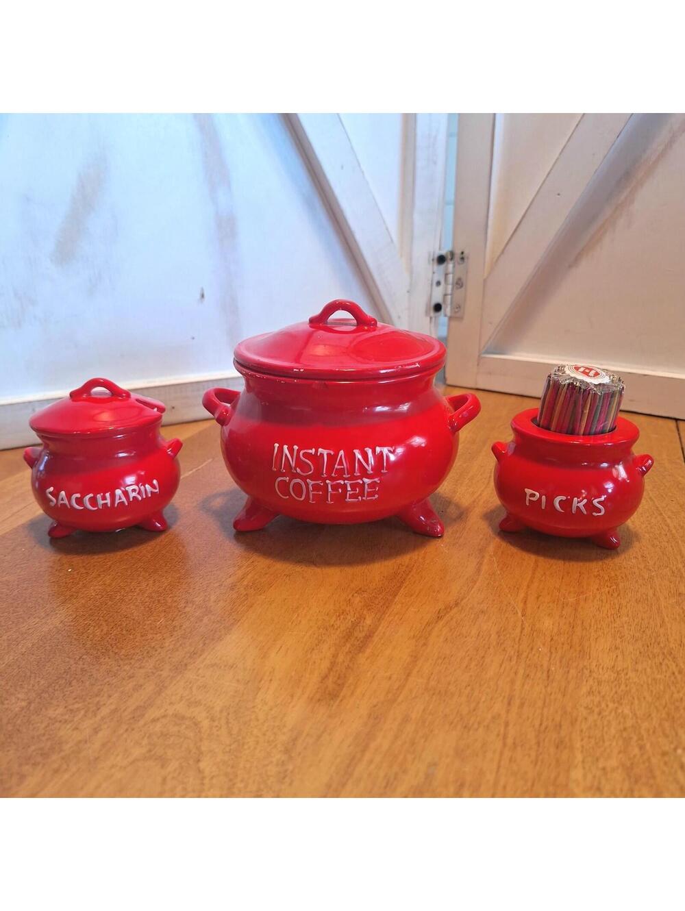 Lego Made in Japan Instant Coffee pot & Lid/Toothpick/ Saccharin & Lid Red VTG